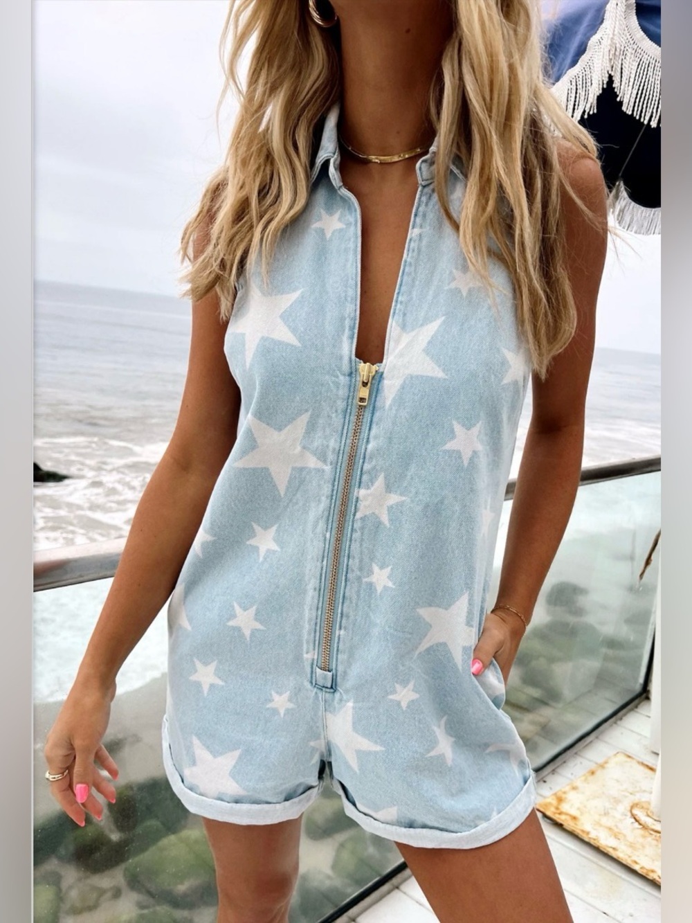 Show Me Your Mumu Reno Denim Romper Star Print Zip Front Sleeveless Medium